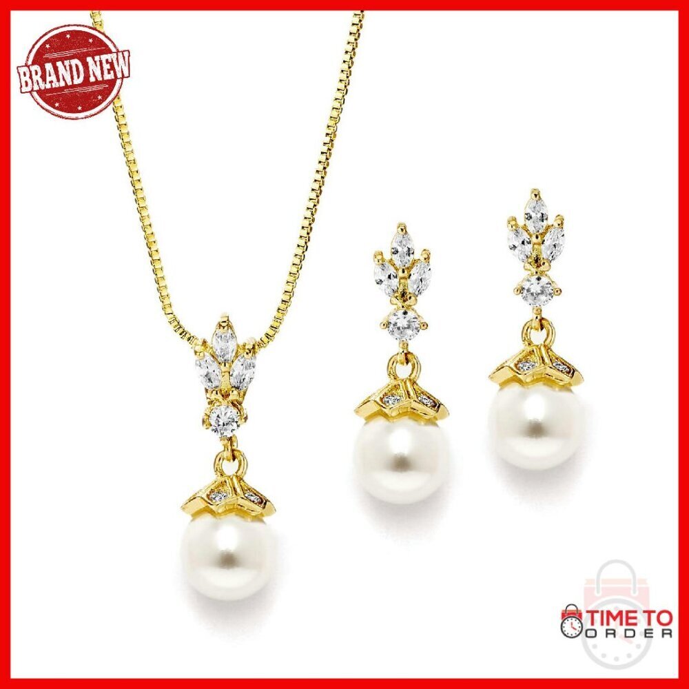 Pearl Necklace Earrings Set Cubic Zirconia Bridal Jewelry Adjustable